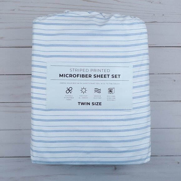 Twin Size Sheet Set Sheets Microfiber Light Blue Stripe - Picture 1 of 3
